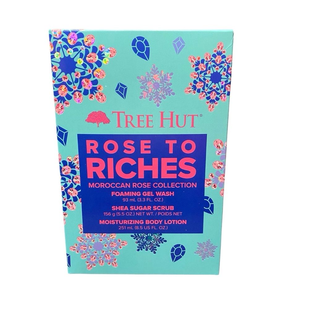 New 3Pc. Tree Hut Rose Gift Set Moroccan Rose Collection Gel Wash, Scrub, Lotion